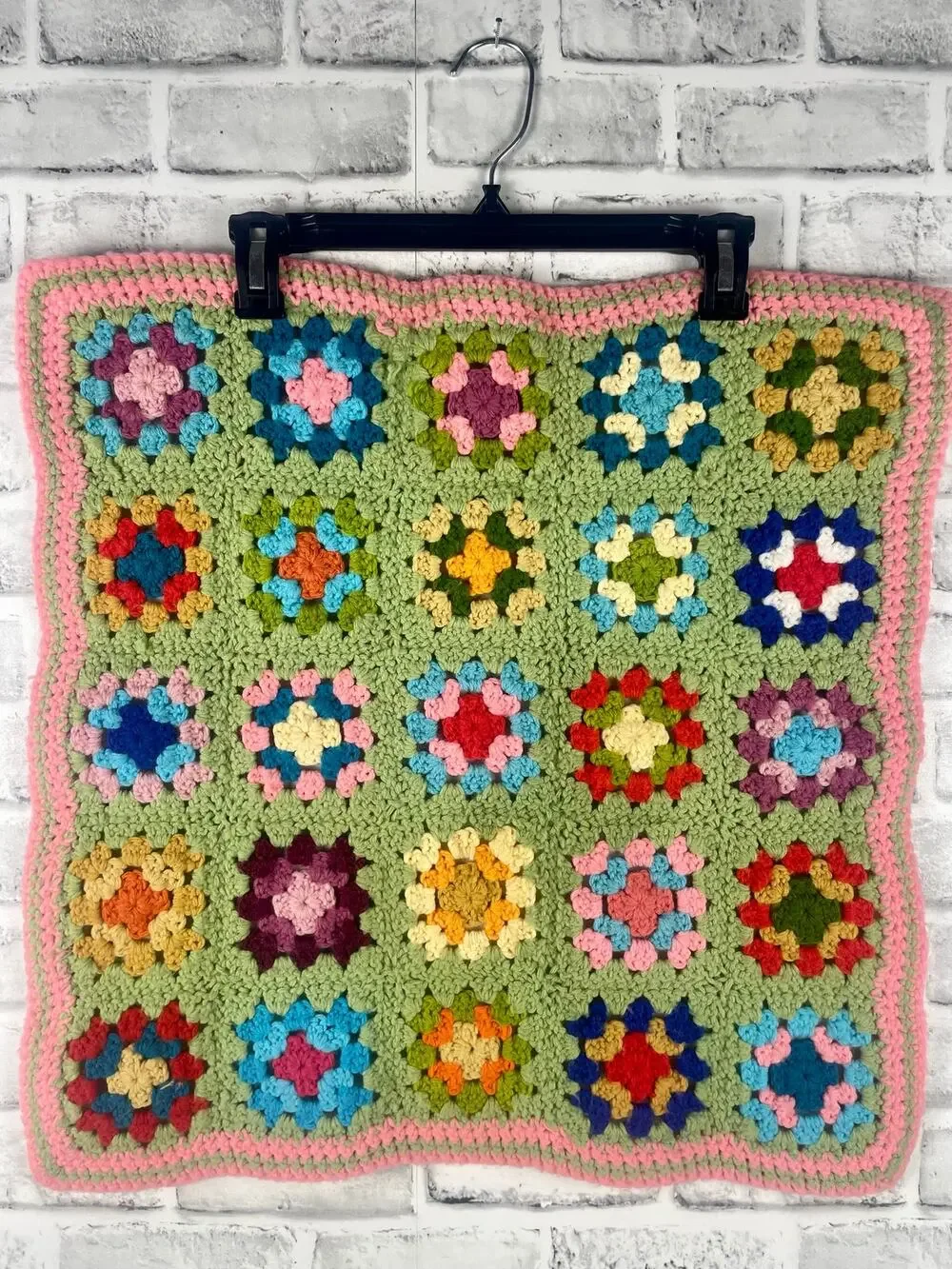 Vintage Crochet Granny Square Doll Blanket Pink Green Stroller Afghan 22x26